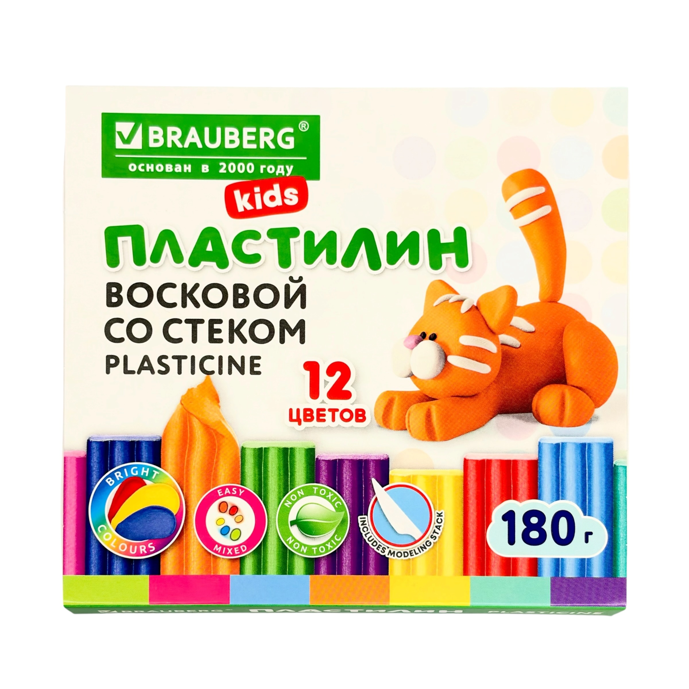 Пластилин восковой 12 цветов BRAUBERG® "Kids" 180 г